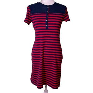 Women’s Red Navy Breton Striped Nautical Dress Henley Short Sleeve Casual Sz Med